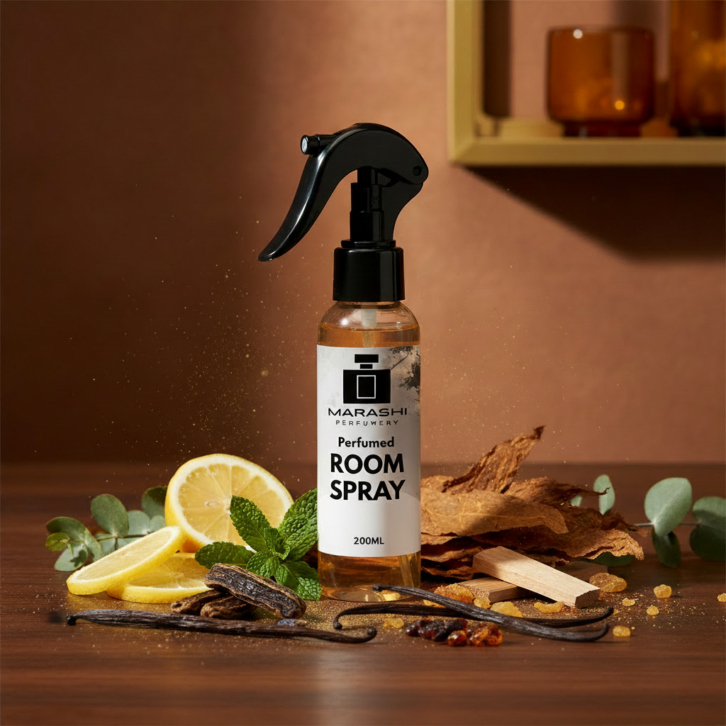 Bergamot & Tobacco Room Spray with fragrance notes