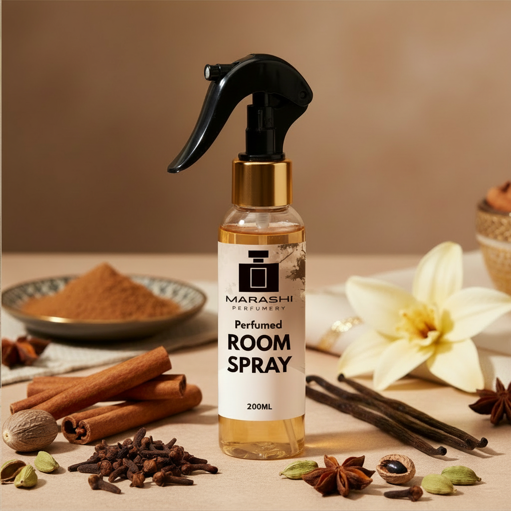 Cinnamon Spiced Vanilla Room Spray with fragrance notes