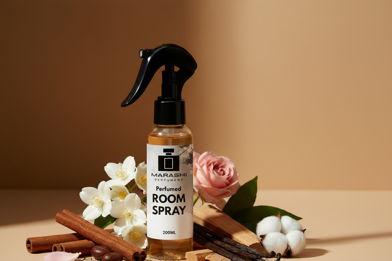 Sandalwood Vanilla Room Spray with fragrance notes